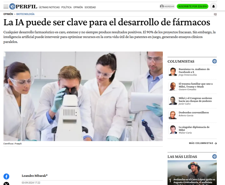 Lee más sobre el artículo Artículo PERFIL «La IA puede ser clave para el desarrollo de fármacos»