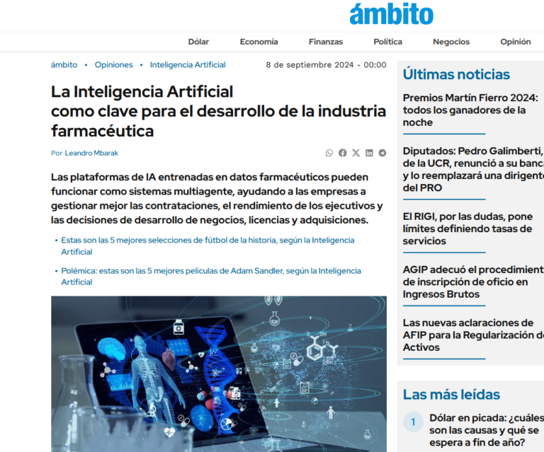 Lee más sobre el artículo AMBITO «La Inteligencia Artificial como clave para el desarrollo de la industria farmacéutica